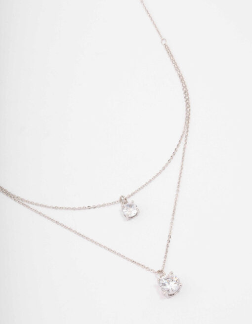 Rhodium  Layered Solitaire Necklace