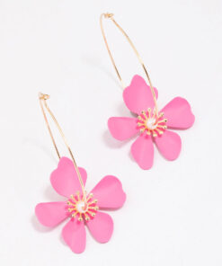 Pink Wire Flower Hoop Earrings