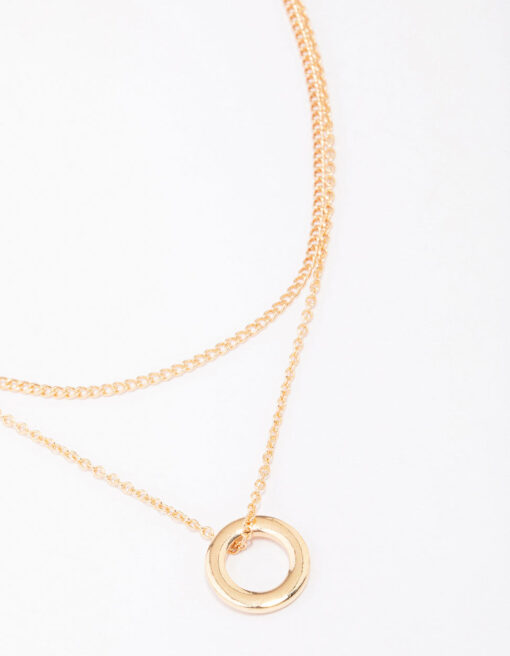 Double Chain Circle Pendant Layered Necklace