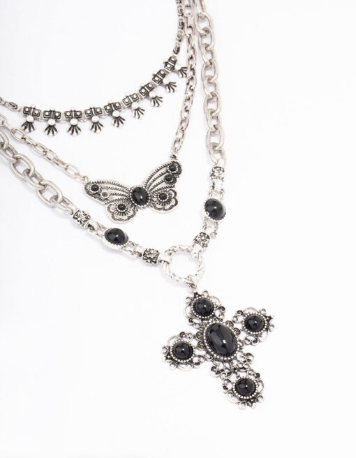 Antique Butterfly Cross Stone Layered Necklace