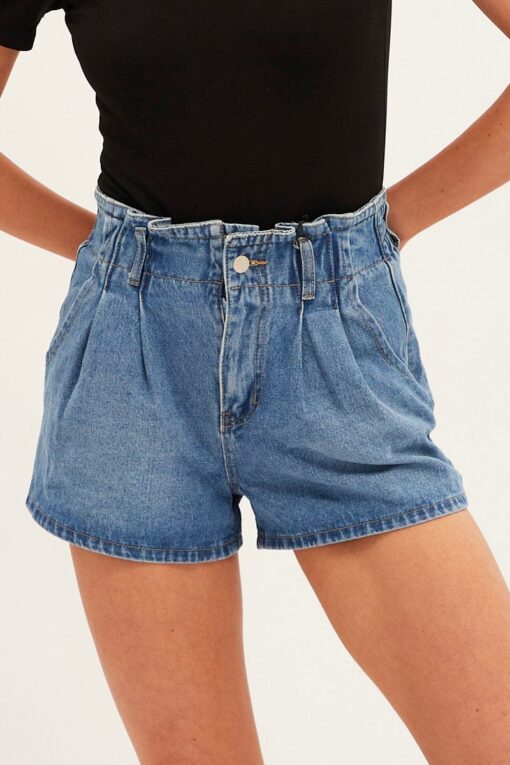 Blue Paperbag Denim Shorts High Rise - Image 2