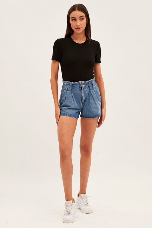 Blue Paperbag Denim Shorts High Rise - Image 3