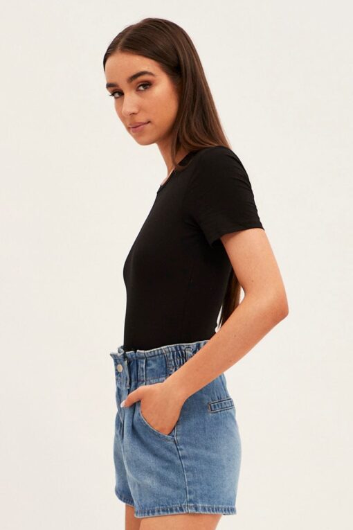 Blue Paperbag Denim Shorts High Rise - Image 4