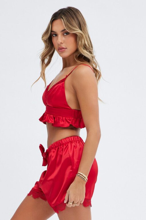 Red Satin PJ Bralette Ruffle Pyjama Set - Image 4