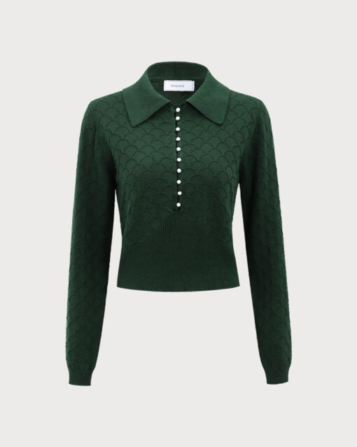 The Dark Green Lapel Ribbed Textured Knit Top - Image 5