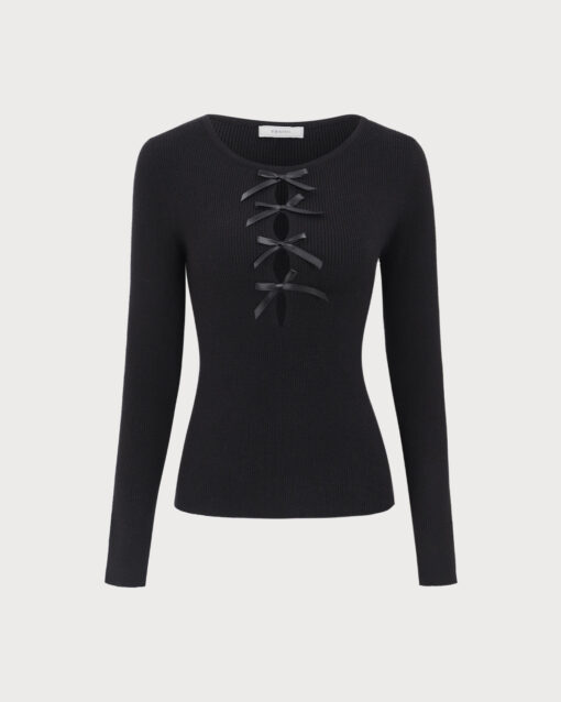 The Black Boat Neck Bowknot Front Knit Top - Image 7