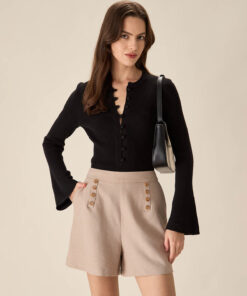 The Black Round Neck Button Up Knit Top