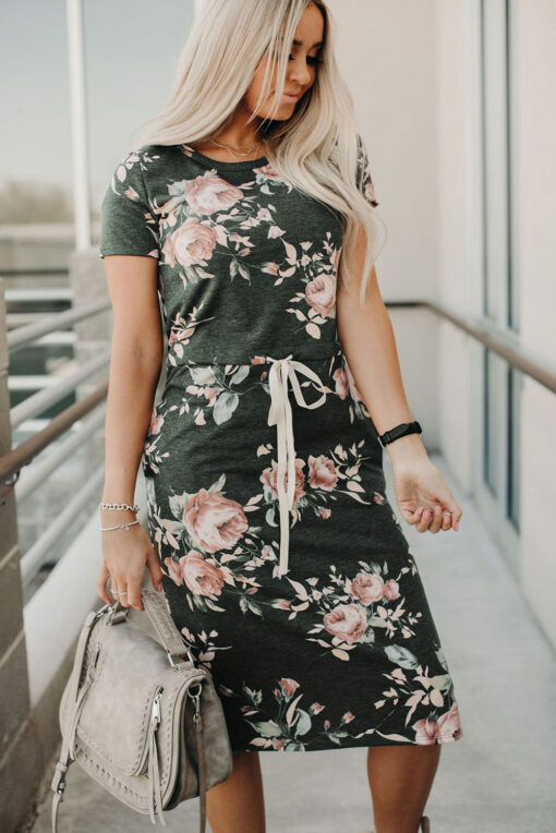 Women's Midi Casual Dresses Short Sleeve Pocketed Floral T Shirt Dress - Image 4