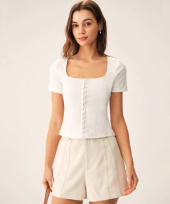 White Square Neck Ribbed Knit Tee