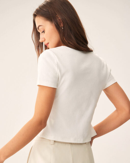 White Square Neck Ribbed Knit Tee - Image 3
