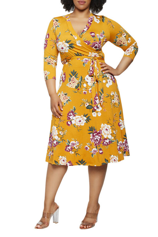 Women's Summer Swing Dress Floral V Neck Plus Size Midi Dress - Image 3