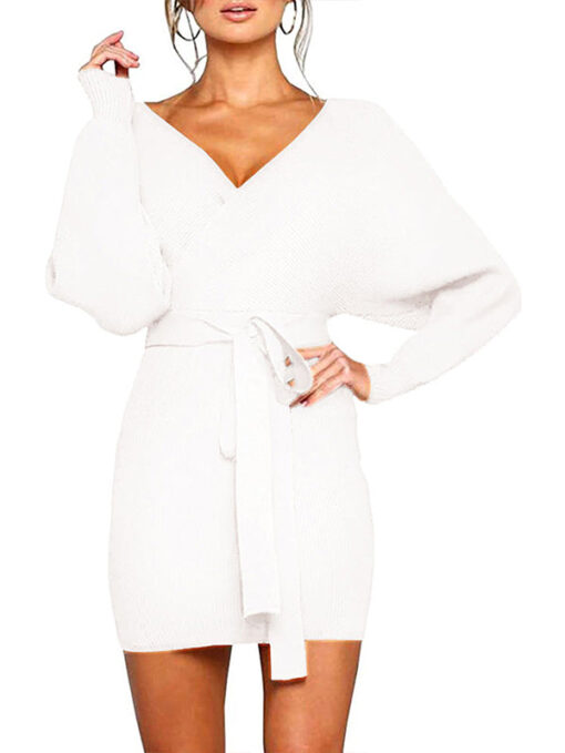 Women's Sexy Cocktail Dress V Neck Long Sleeve Wrap Knit Sweater Mini Dress - Image 4