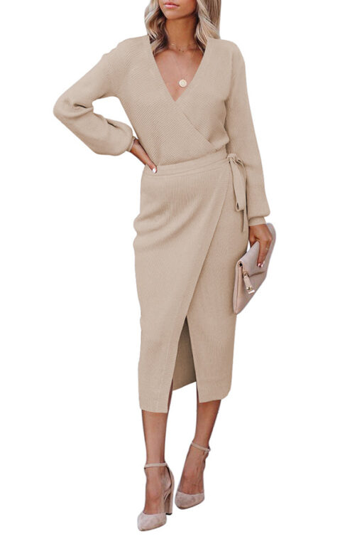 Women Wrap V Neck Knit Dress Slim Fit Long Sleeve Dress - Image 10