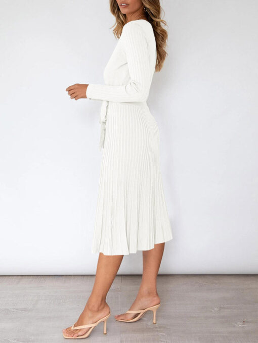 Women's Long Sleeve Midi Dress Wrap Pleated Sweater Dresses - Image 2