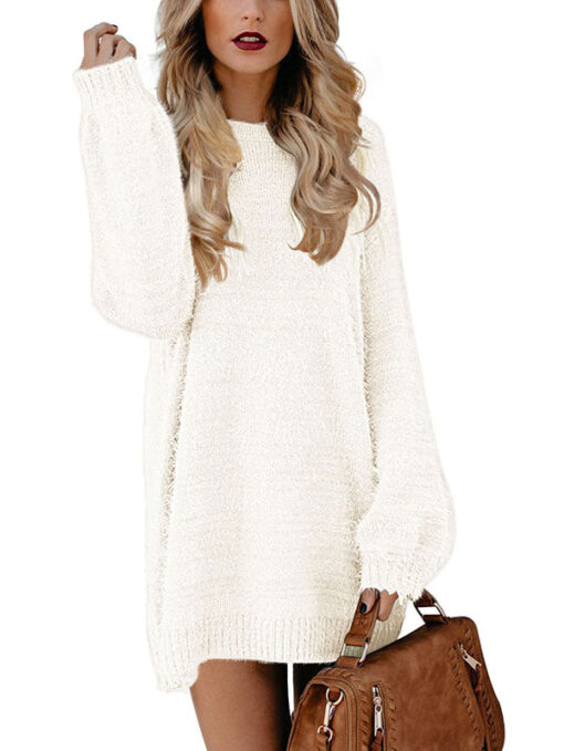 Women's Lantern Sleeve Dresses Crewneck Oversized Pullover Sweater Mini Dress - Image 4