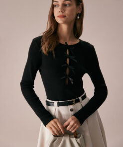 The Black Boat Neck Bowknot Front Knit Top