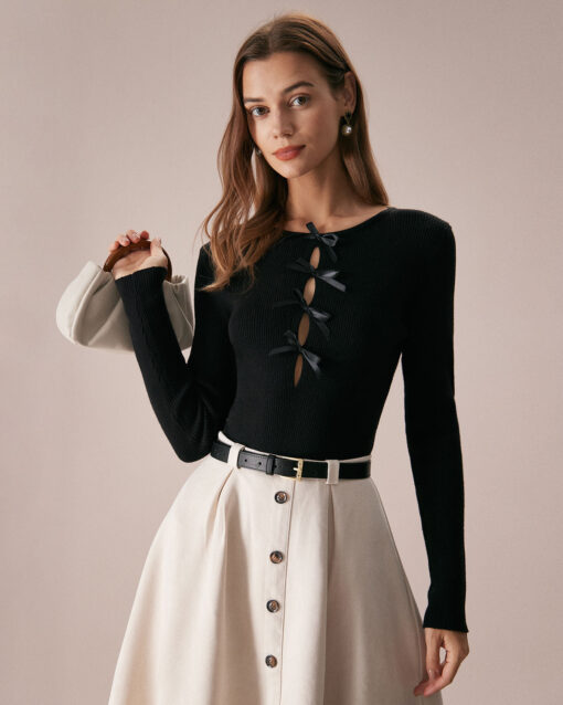 The Black Boat Neck Bowknot Front Knit Top - Image 4