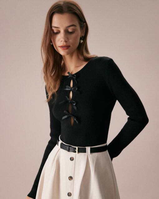 The Black Boat Neck Bowknot Front Knit Top - Image 5