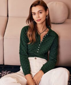 The Dark Green Lapel Ribbed Textured Knit Top