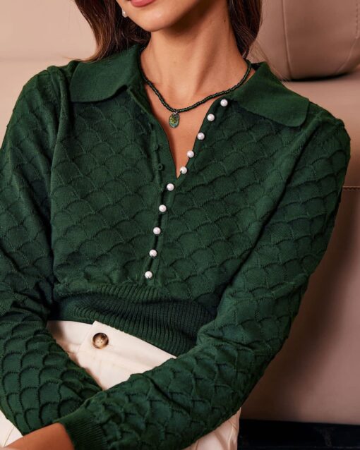 The Dark Green Lapel Ribbed Textured Knit Top - Image 2