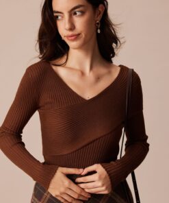 The Coffee V Neck Criss-Cross Wrap Knit Top