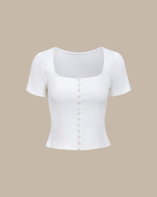 White Square Neck Ribbed Knit Tee - Image 5