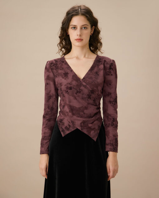 Purple Floral Ruched Wrap Tee - Image 6
