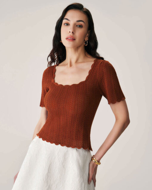 Brown Square Neck Scalloped Knit Tee - Image 2