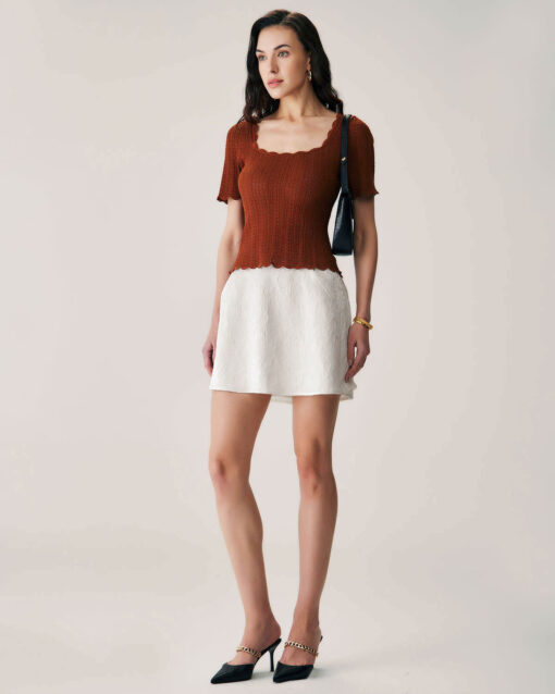 Brown Square Neck Scalloped Knit Tee - Image 3