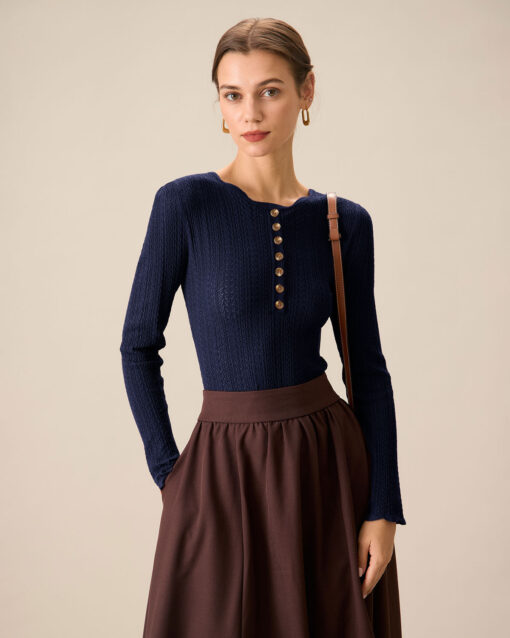 Navy Round Neck Slim Sweater - Image 6