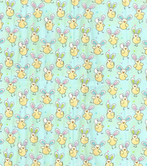 Chicks With Bunny Ears On Green Easter Cotton Fabric