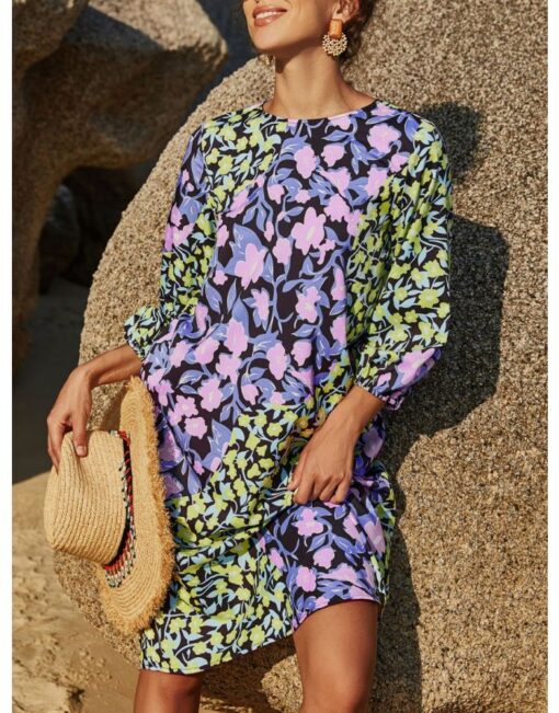 Women Loose Long Sleeve Round Neck Floral Printed Stitching Color Casual Midi Dress - Image 2
