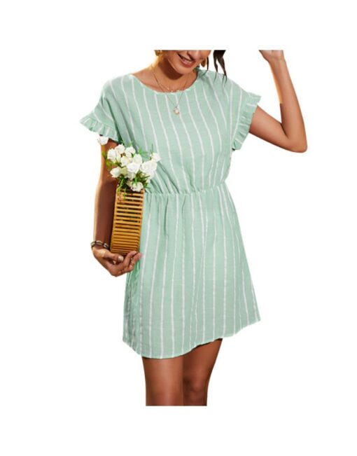 Women Striped Ruffled Short Sleeve Round Neck Casual Short A-Line Summer Dress - Image 3