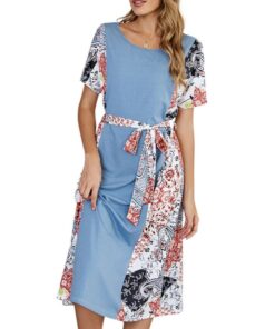 Spring Summer Women Stitching Color Printed Short Sleeve Round Neck Loose Casual Long Dresses
