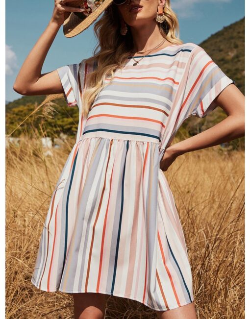 Summer Dress Loose Short Sleeve Round Neck Multicolor Striped Casual A-Line Dresses - Image 2