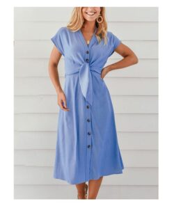 Spring Summer Short Sleeve V-Neck Single Breasted Solid Color Belted Midi Casual Dresses