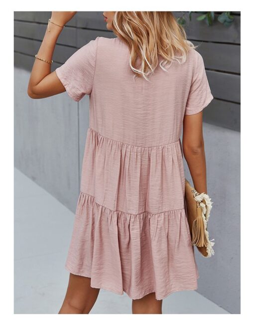 Summer Dress Solid Color Short Sleeve Round Neck Single Breasted Casual Short Dresses - Image 3