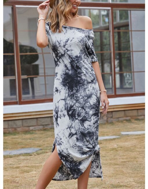 Summer Dress Off the Shoulder Short Sleeve Printed Long Split Casual Dresses - Image 3