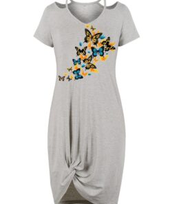 Cold Shoulder Short Sleeve V-Neck Butterflies Printed Irregular Short Casual Summer Dress