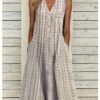 Grey Dress Sleeveless V-Neck Single Breasted Plaid Pockets Loose Casual Summer Long Dresses