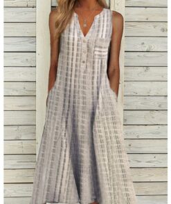 Grey Dress Sleeveless V-Neck Single Breasted Plaid Pockets Loose Casual Summer Long Dresses