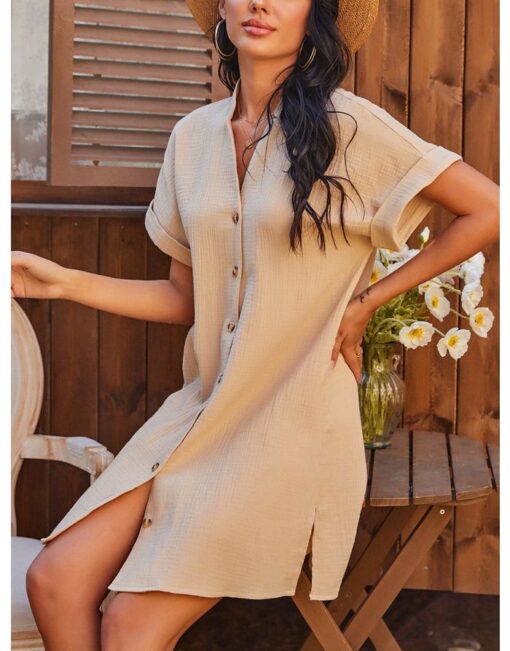 Women Solid Color Loose Casual Stand Collar Short Sleeve Single Breasted Short A-Line Summer Dress - Image 3
