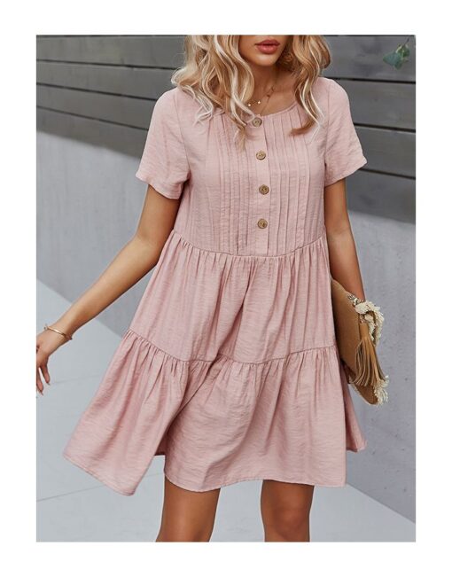 Summer Dress Solid Color Short Sleeve Round Neck Single Breasted Casual Short Dresses - Image 2