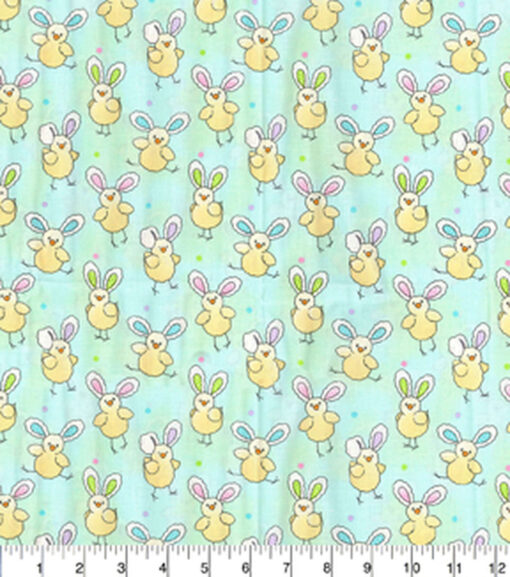 Chicks With Bunny Ears On Green Easter Cotton Fabric - Image 2