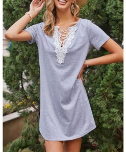 Spring Summer Women Lace Hollow Stitching V-Neck Short Sleeve Loose Knitted Casual A-Line Dress