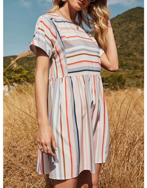 Summer Dress Loose Short Sleeve Round Neck Multicolor Striped Casual A-Line Dresses - Image 3