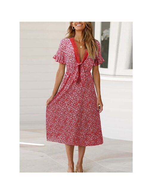Summer Dress Women V-Neck Bowknot Ruffled Short Sleeve Floral Printed Bohemian Long Dresses - Image 3