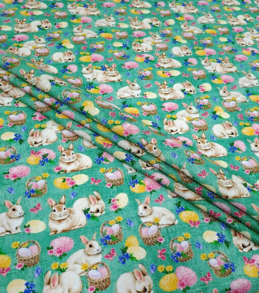 Bunny & Eggs on Sage Easter Cotton Fabric - Image 2
