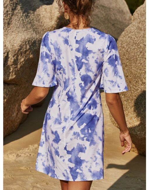 Summer Dress V-Neck Short Sleeve Tie Dye Single Breasted Casual Short Dresses - Image 3