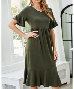 Spring Summer Solid Color Short Sleeve Round Neck Draped Flounced Hem Midi A-Line Dresses